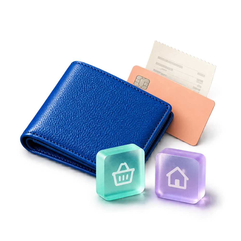 A blue wallet with everyday spending markers
